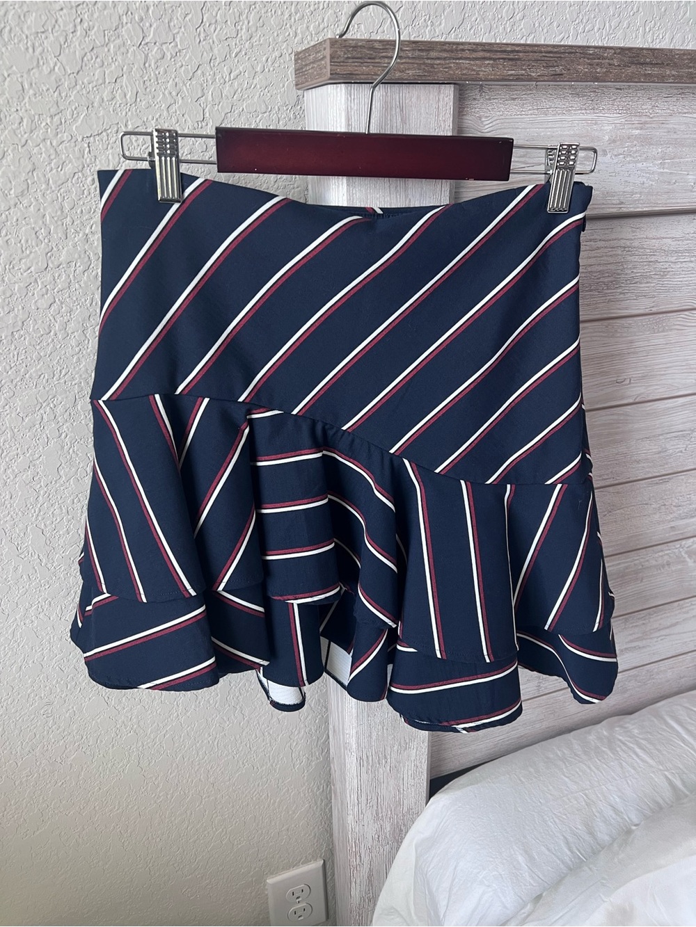 Express Navy Striped Ruffle-Hem Mini Skirt